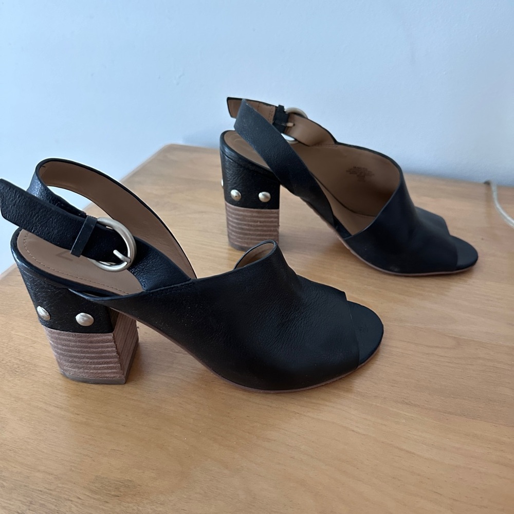 Black Leather Marc Fisher Peep Toe Block Heels - Size 8.5